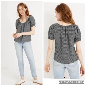 Madewell Texture & Thread Striped Puff Sleeve Peasant Top Medium Navy Blue NWT
